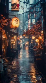 Rain-soaked Japanese alley with lantern reflections at dusk