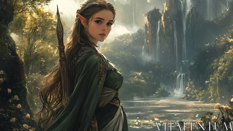 Elf warrior stands in lush valley before tall waterfalls