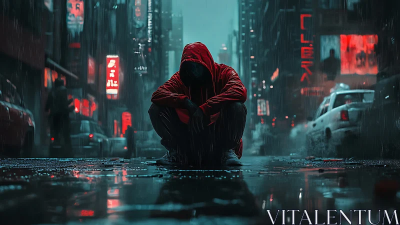 Hooded figure resting in rain soaked neon city street at night.
