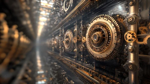 Complex metallic gear mechanism in a tunnel-like structure.