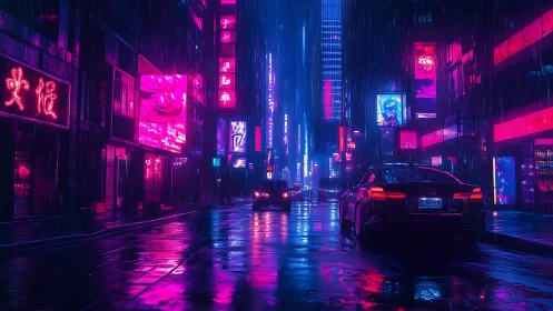Neon‑lit cars glide through a rainy cyberpunk city nightscape