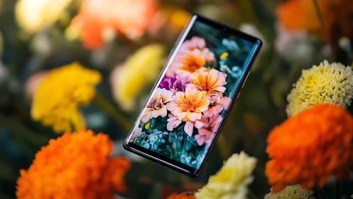 Smartphone displaying floral content above garden setting.