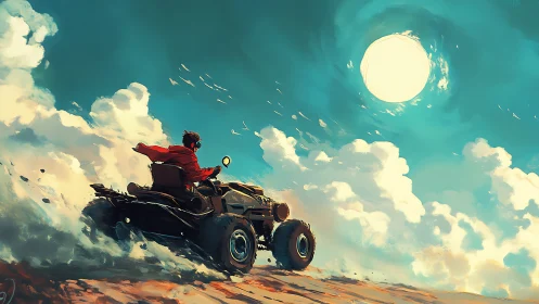 Off-road rider powers through sunlit clouds in painterly sky.