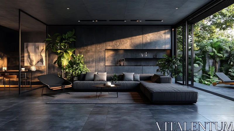 Sunlit modern lounge opening gently to a lush green garden.