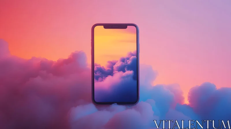 Smartphone floating in dreamy pastel clouds, surreal digital art.
