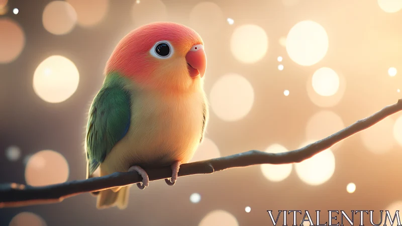 Vibrant lovebird on branch in dreamy, soft-focus bokeh effect.