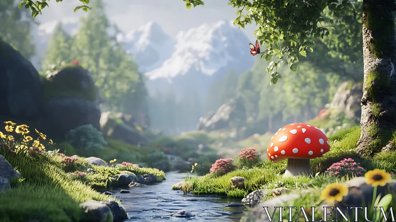 Red spotted mushroom stands by stream in stylized valley