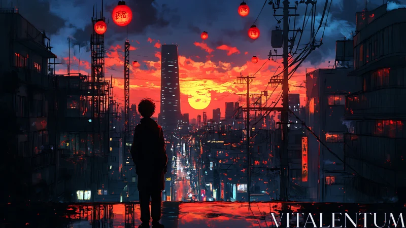 Neon city sunset with lone figure over reflective streets.