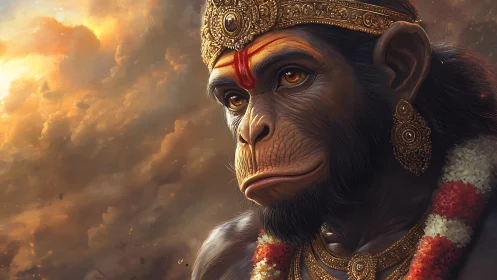 Crowned simian warrior gazes through stormlit golden skies.