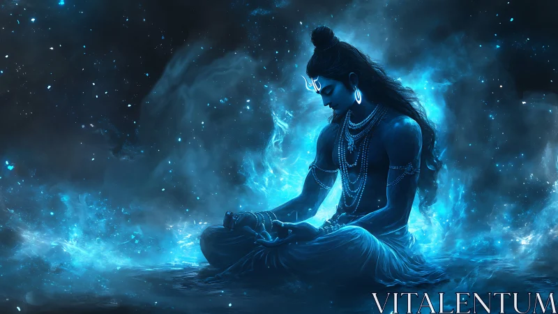 Cosmic blue deity in meditative seated pose amid astral nebula