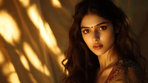 Portrait of Indian woman under golden cinematic light.