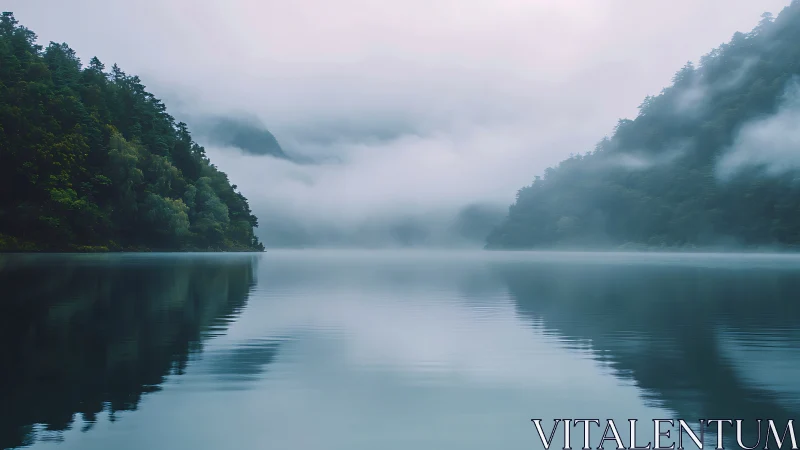 Misty forest lake between tree covered mountains at dawn.
