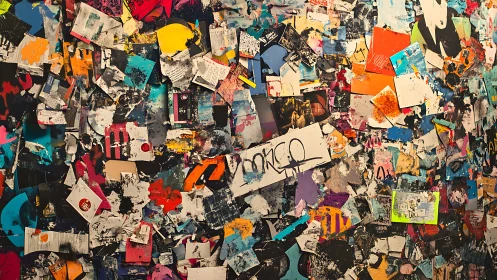 Layered urban collage wall with chaotic mixed-media composition.