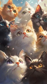 Eight Cats Staring with Expressive Eyes and Glowing Light.