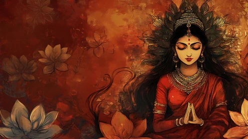 Seated female figure in red sari meditates amid floral motifs