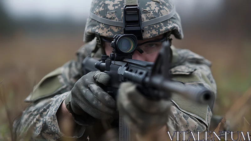 Soldier aiming rifle with optical sight in field setting.