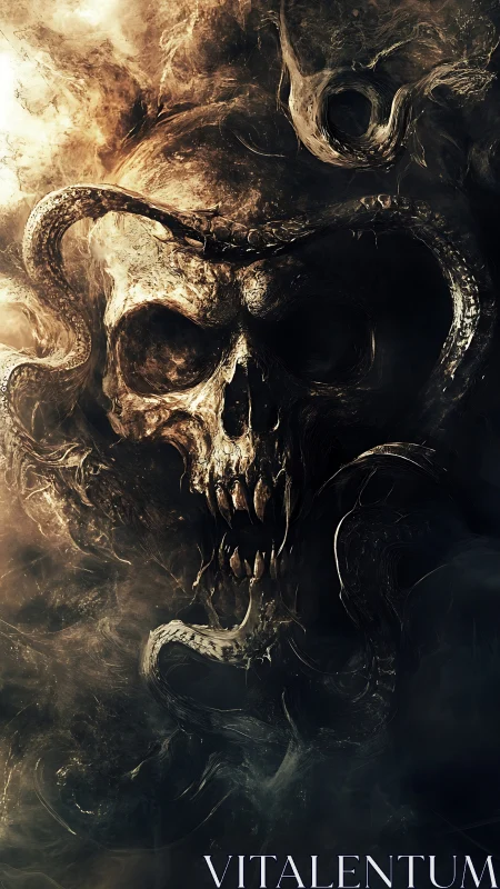 Serpentine skull emerges from swirling infernal smoke