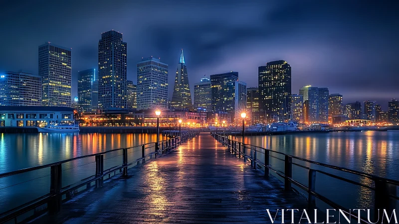 Nighttime urban waterfront skyline viewed from wooden pier.