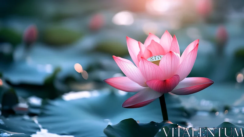 Gentle pink lotus glowing softly on tranquil blue water.