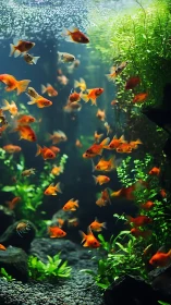 Goldfish school swimming in a lush planted aquarium.