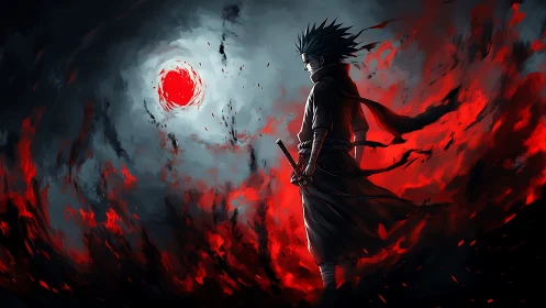 Dark anime swordsman amid swirling red energy storm.