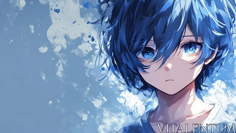 Blue-haired dreamer adrift in watercolor quiet storms.