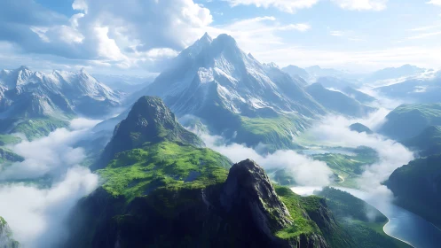 Sunlit alpine peaks rise above emerald valleys and clouds.
