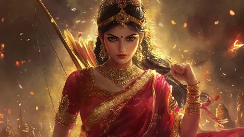Warrior woman in ornate red attire with drawn bow poised.