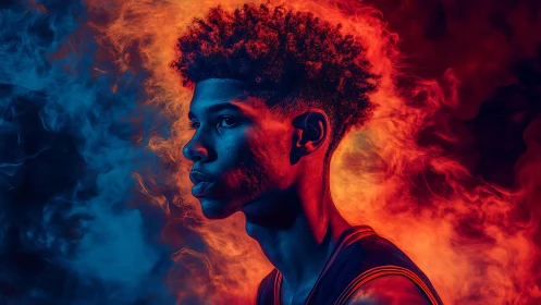 Dual-color portrait with blue shadow and fiery orange smoke.