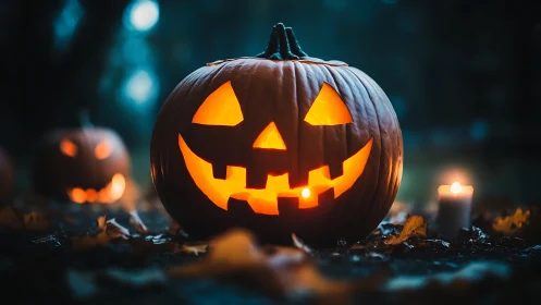 Carved jack o’lantern glows outdoors on a dim autumn night