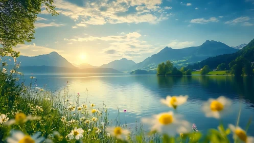 Mountain lake landscape with wildflowers at sunrise view.
