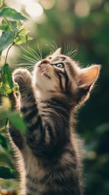 Tabby Cat Reaching Toward Climbing Plant in Sunlit Garden.