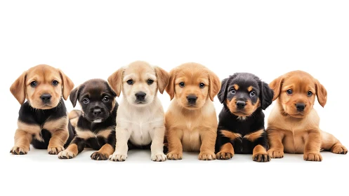 Studio lineup of mixed-breed puppies on seamless white background.