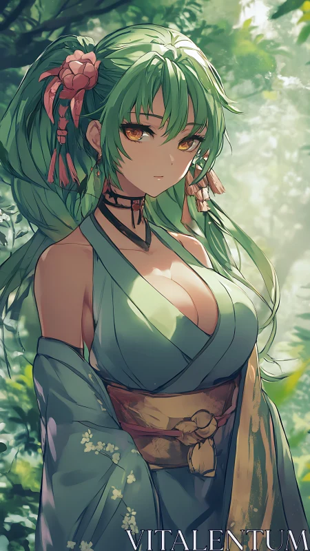 Green haired anime woman in kimono styled dress outdoors.