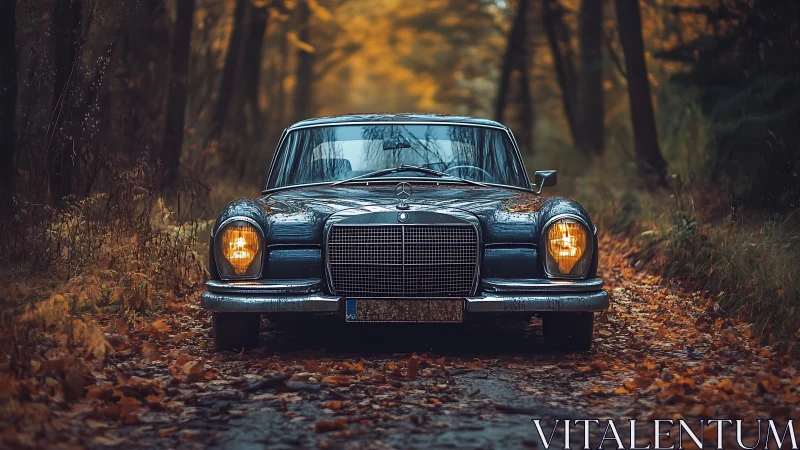 Forest road monarch: classic sedan glowing in autumn hush.