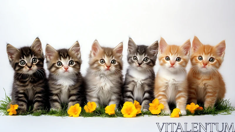 Six Adorable Kittens Lined Up Among Yellow Spring Flowers