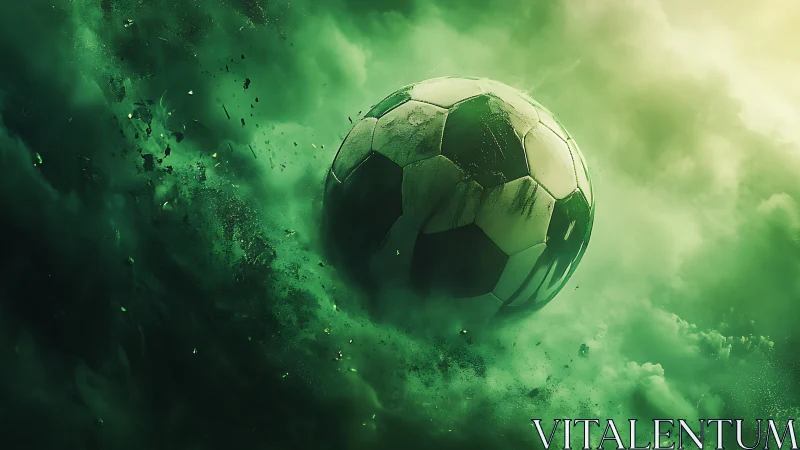 Soccer ball suspended in dense green atmospheric clouds.