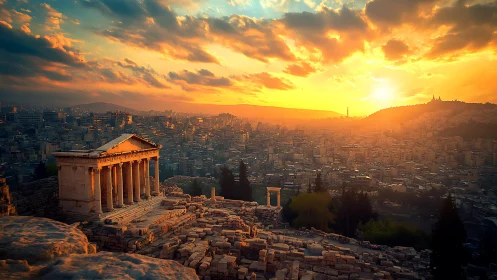 Ancient hilltop temple above dense modern city at sunset.