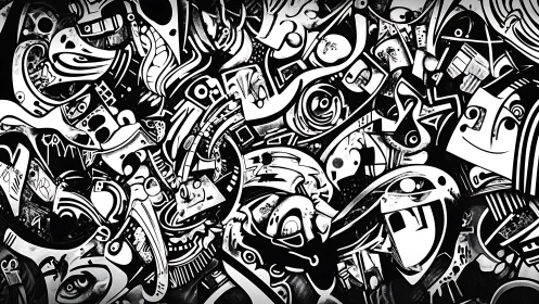 Abstract monochrome graffiti chaos with fragmented faces.