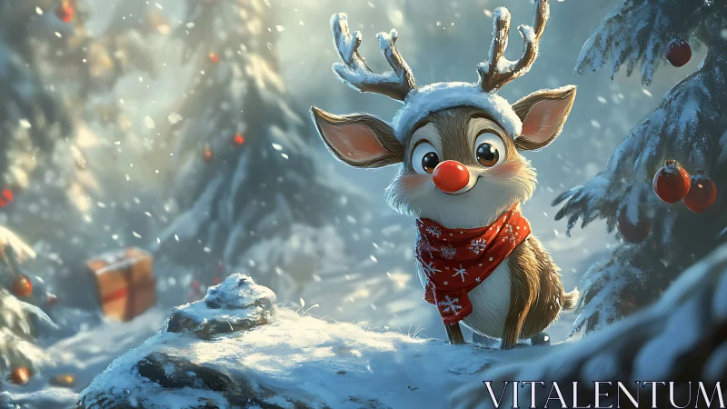 Cartoon reindeer stands in snowy forest wearing red scarf