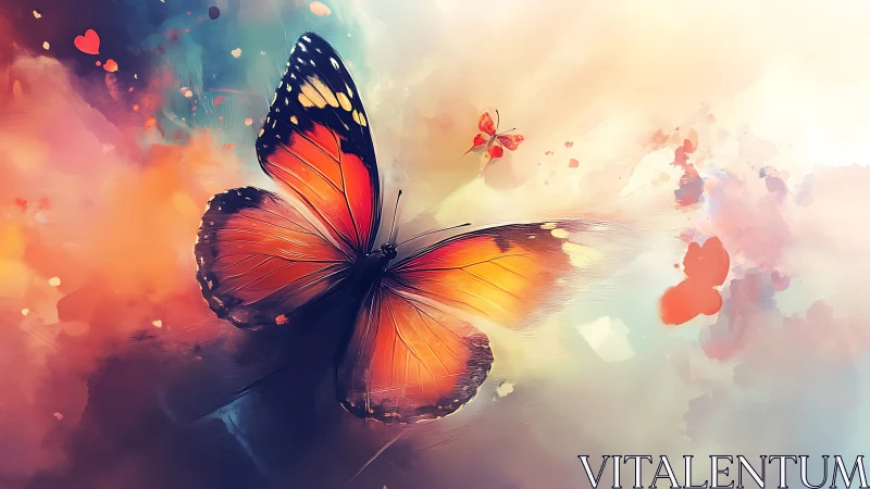 Vibrant orange butterfly in dreamy abstract color clouds.