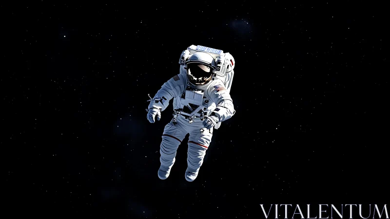 Extravehicular astronaut isolated in deep starfield void.