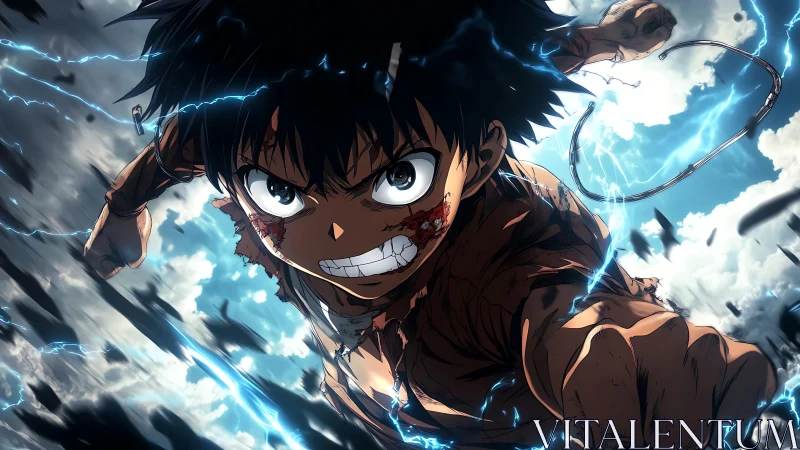 Battle-scarred anime hero charging through storm sky.