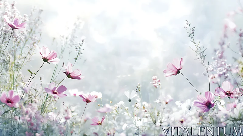 Soft Pink Cosmos Flowers Blooming in Hazy Dreamy Light