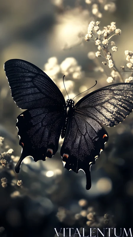 Black butterfly in shallow depth of field floral setting.