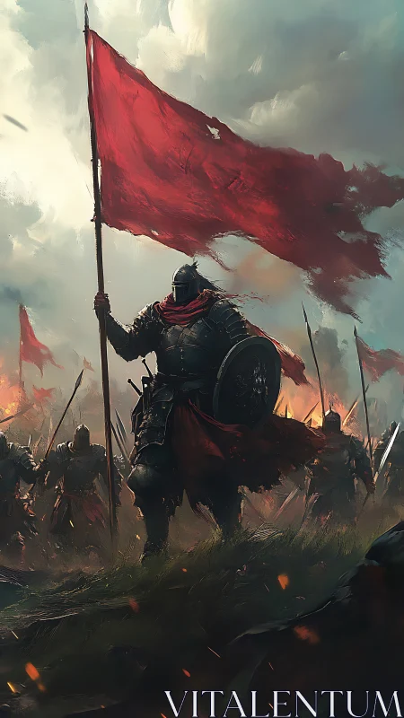 Armored banner bearer leading a storm of crimson courage.