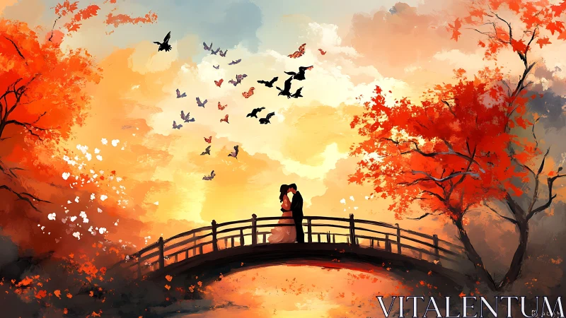 Two figures stand on arched bridge amid autumn foliage and flying birds