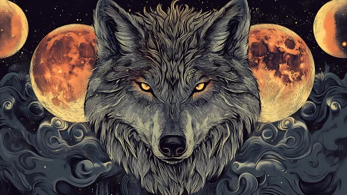 Wolf head illustration is centered against multiple lunar discs