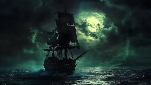 Moonlit ghost ship sails bravely through storm dark waters