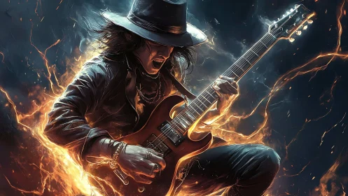 Rock guitarist in hat plays electric guitar amid fiery light